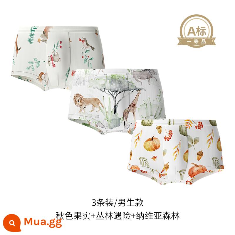 Quần lót trẻ em Manxi cotton xuân hè quần đùi boxer cho bé nam nữ trẻ em không kẹp pp quần an toàn thoải mái - [Tencel Modal-Kháng khuẩn toàn thân] Trái cây mùa thu + Rừng Navier + Rừng đau khổ (3 gói) Phong cách nam