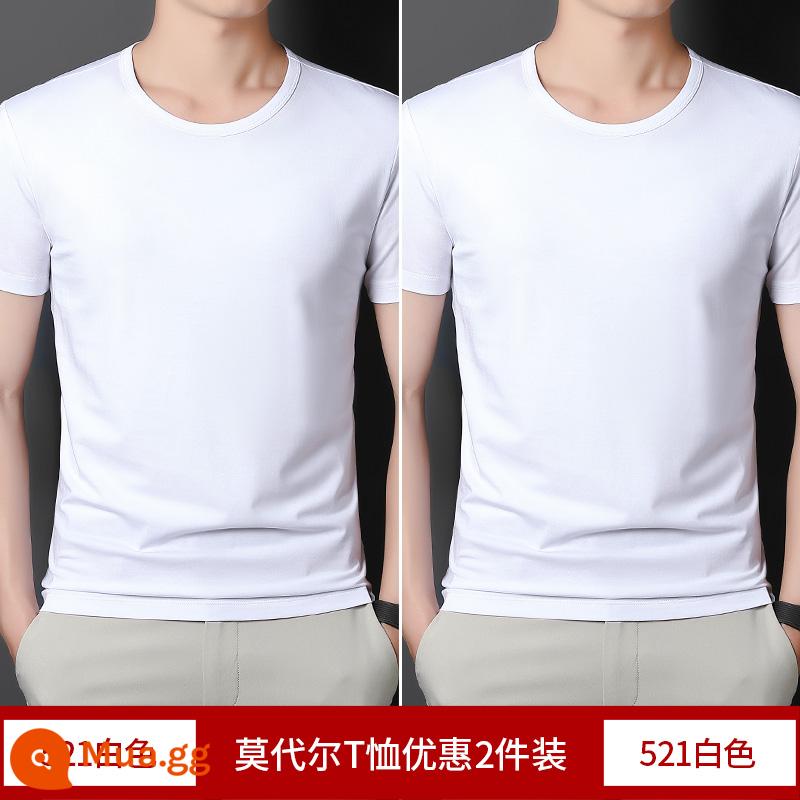 2 cái] Áo thun cotton ngắn tay Modal cho nam mùa hè bằng lụa băng màu trơn lót cổ tròn nửa tay phần mỏng áo thun nhanh khô - trắng + trắng