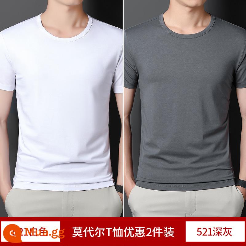 2 cái] Áo thun cotton ngắn tay Modal cho nam mùa hè bằng lụa băng màu trơn lót cổ tròn nửa tay phần mỏng áo thun nhanh khô - trắng + xám đậm