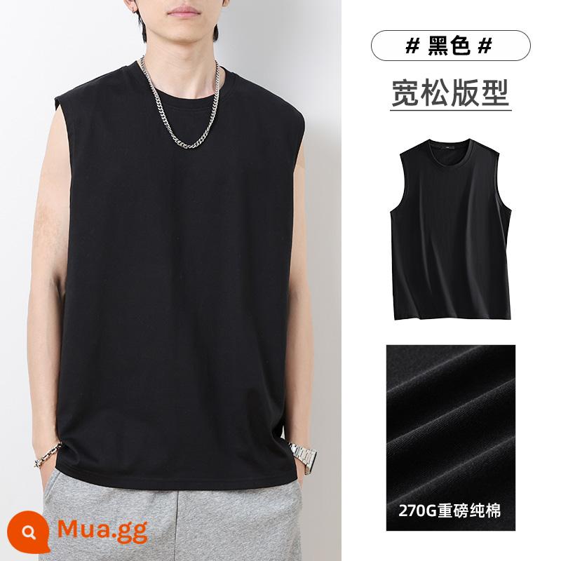 Cotton Nguyên Chất Áo Vest Nam 270G Nặng Áo Thun Không Tay Xu Hướng Xu Hướng Màu Áo Vest Thể Thao Mùa Hè Thể Dục Quần Lót - đen