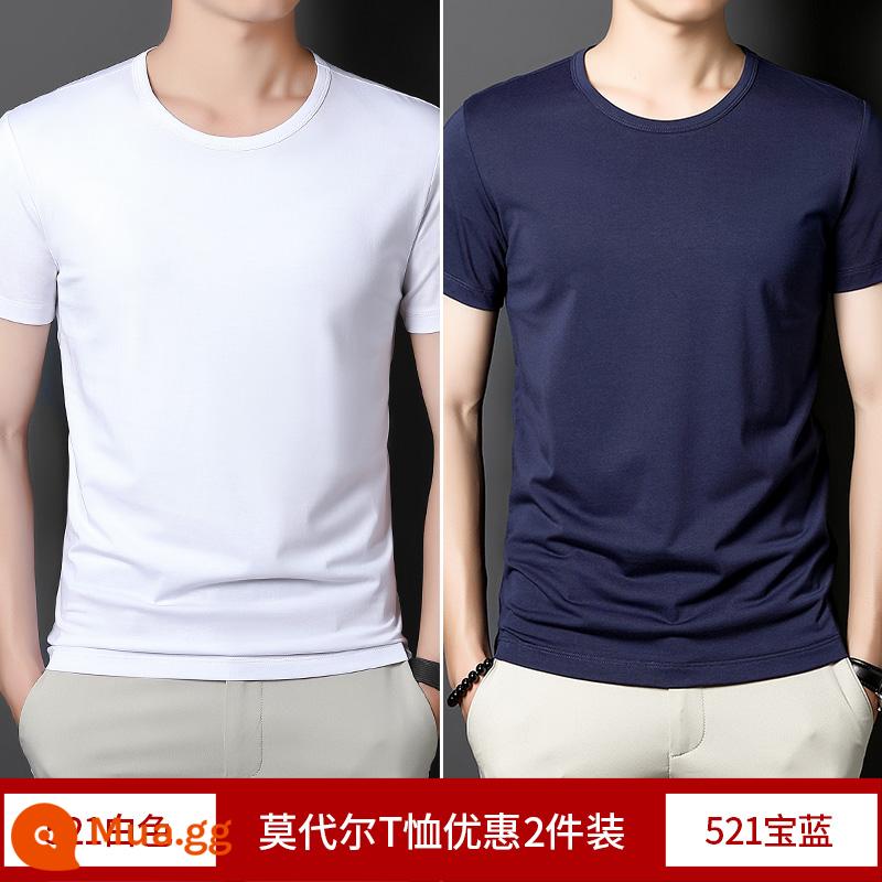 2 cái] Áo thun cotton ngắn tay Modal cho nam mùa hè bằng lụa băng màu trơn lót cổ tròn nửa tay phần mỏng áo thun nhanh khô - trắng + xanh sapphire