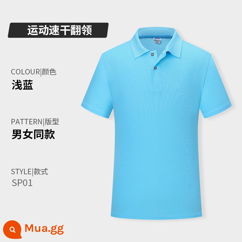 Quần áo công sở có ve áo bằng vải cotton nguyên chất in logo tùy chỉnh áo sơ mi polo khô nhanh dự tiệc công ty Áo sơ mi văn hóa tay ngắn có thêu in - Loại A - xanh nhạt