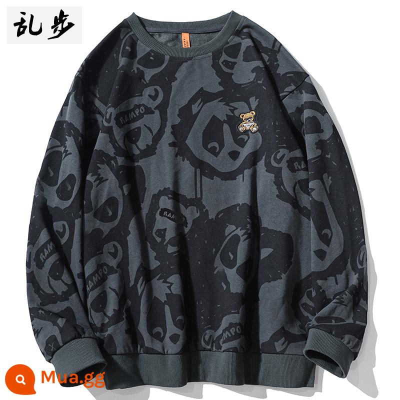 Phiên bản Autumn Hàn Quốc của Harajuku Wind Sweater Men and Women Cartoon Bears Stitching dài -Sleeved t -shirt tròn vòng cổ - WY0733 màu xám đậm