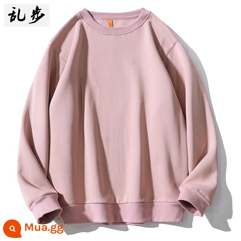 Cơ bản màu trơn cổ tròn cotton T phong cách trung tính cho nam và nữ thu đông áo khoác dáng rộng dài tay cộng với áo nhung dày - WY0722 hồng đậm-320g nhung