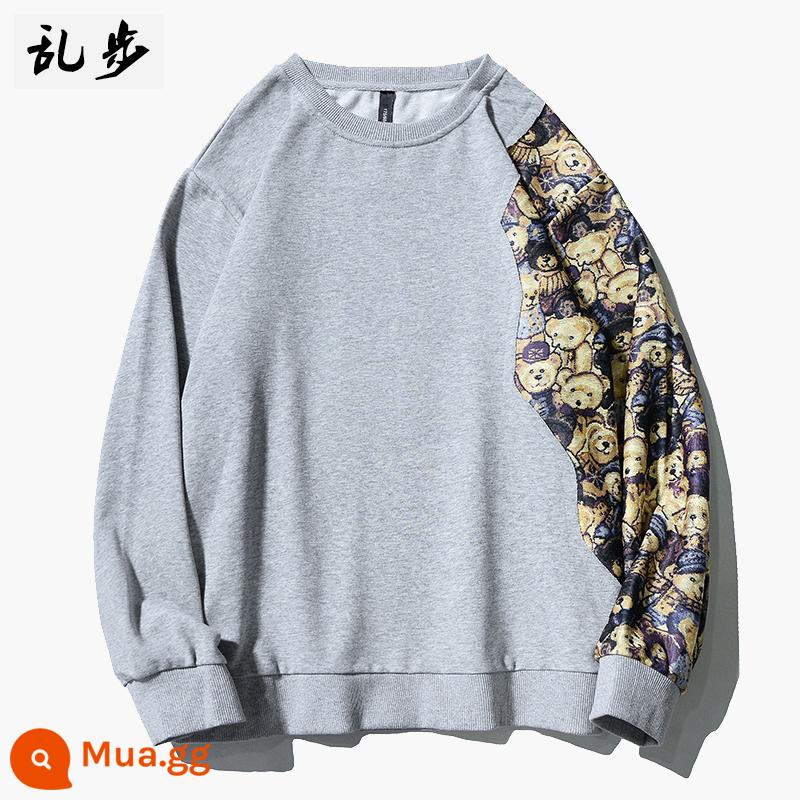 Phiên bản Autumn Hàn Quốc của Harajuku Wind Sweater Men and Women Cartoon Bears Stitching dài -Sleeved t -shirt tròn vòng cổ - T2246 màu xám nhạt