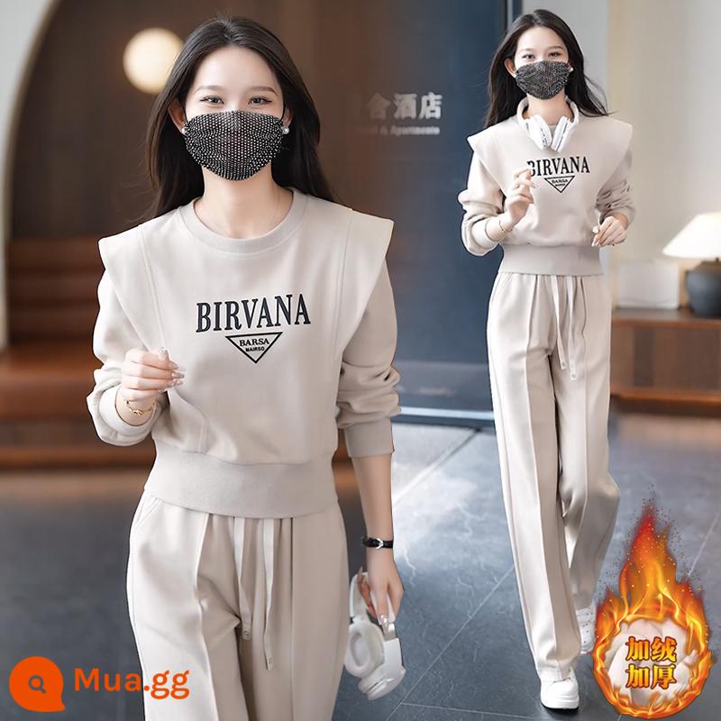 Hàm lượng cotton cao cấp áo thể thao nữ 2023 mới thời trang thu đông dáng rộng cỡ lớn quần rộng 2 bộ - 2876#màu mơ [nhung và dày]