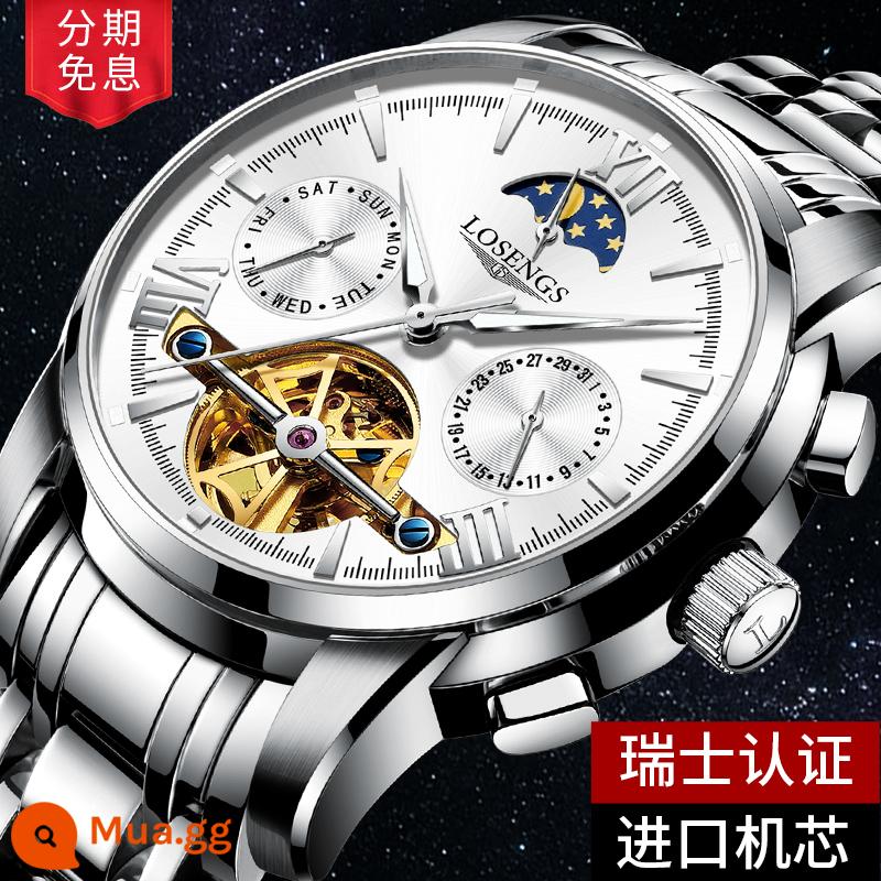 Chính Hãng Thụy Sĩ Đồng Hồ Cơ Nam Tourbillon Xu Hướng Thời Trang Dạ Quang Rỗng Pha Mặt Trăng Đa Chức Năng Nam - Bề mặt trắng tự nhiên, máy nhập khẩu