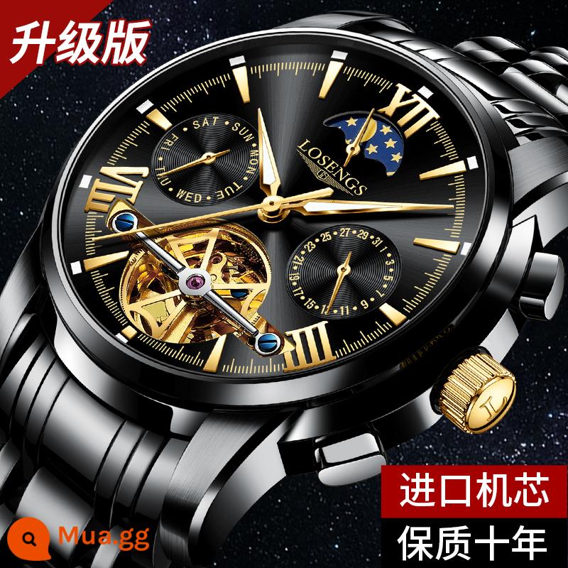 Chính Hãng Thụy Sĩ Đồng Hồ Cơ Nam Tourbillon Xu Hướng Thời Trang Dạ Quang Rỗng Pha Mặt Trăng Đa Chức Năng Nam - Phiên bản nâng cấp với mặt đen toàn bộ và bộ máy nhập khẩu