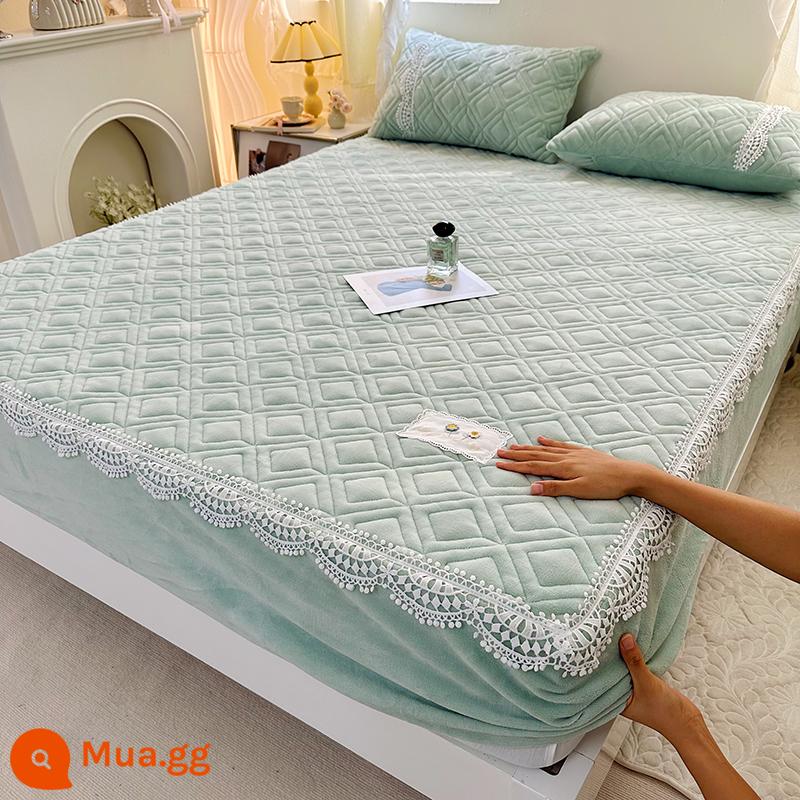 Nhung sữa chần bông trang bị tấm đơn dày ấm flannel san hô nhung Simmons bảo vệ nệm đồng màu trải giường - Ren nâng cấp-màu xanh tươi