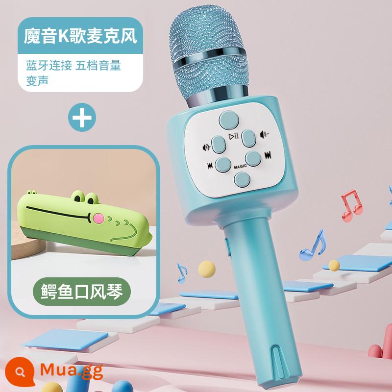 Micro nhỏ dành cho trẻ em âm thanh tích hợp micro cho bé máy hát karaoke echo đồ chơi bluetooth không dây bé gái - Phiên bản karaoke màu xanh + kèn harmonica cá sấu nhỏ