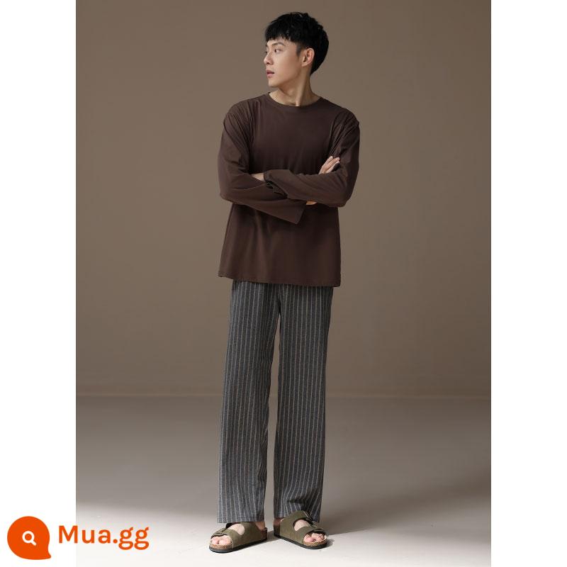 Bộ đồ ngủ nam xuân thu cotton nguyên chất dài tay áo thun cổ tròn màu xám đậm quần kẻ sọc cotton thanh thiếu niên mặc nhà - Mẫu nam-6978