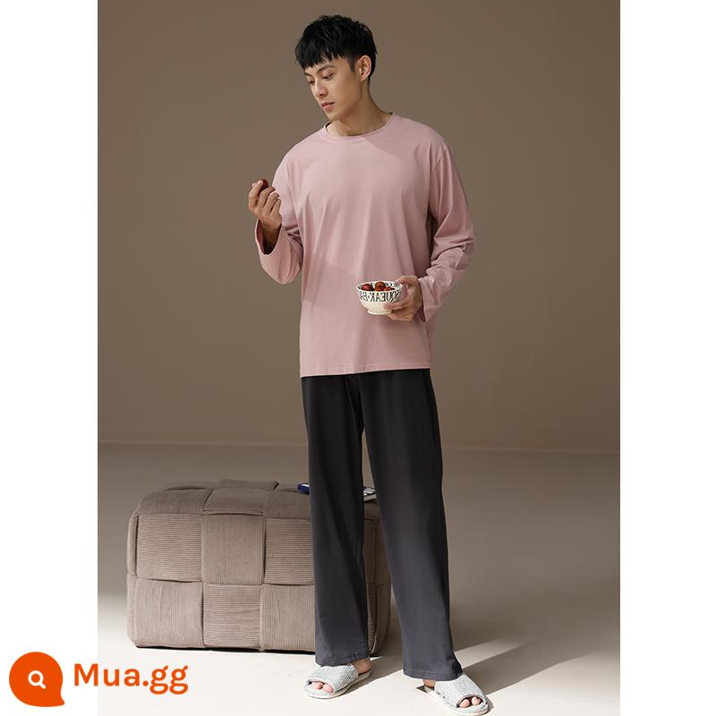 Bộ đồ ngủ nam xuân thu cotton nguyên chất dài tay áo thun cổ tròn màu xám đậm quần kẻ sọc cotton thanh thiếu niên mặc nhà - Mẫu nam-6981