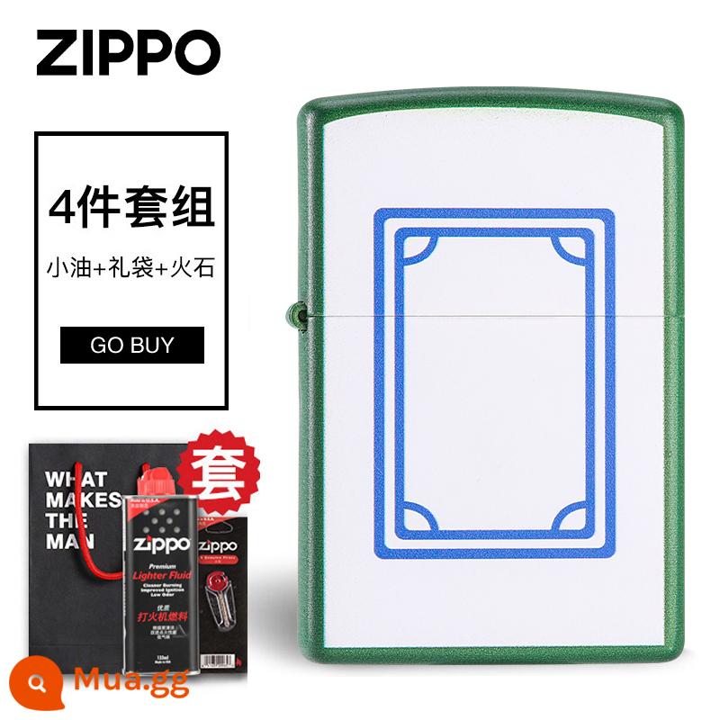 Zippo chính hãng bật lửa mạt chược in màu tài lộc nam Zippo chính hãng chống gió quà tặng sáng tạo - Bộ bảng trắng 4 món [bật lửa + dầu nhỏ + đá lửa + túi quà]