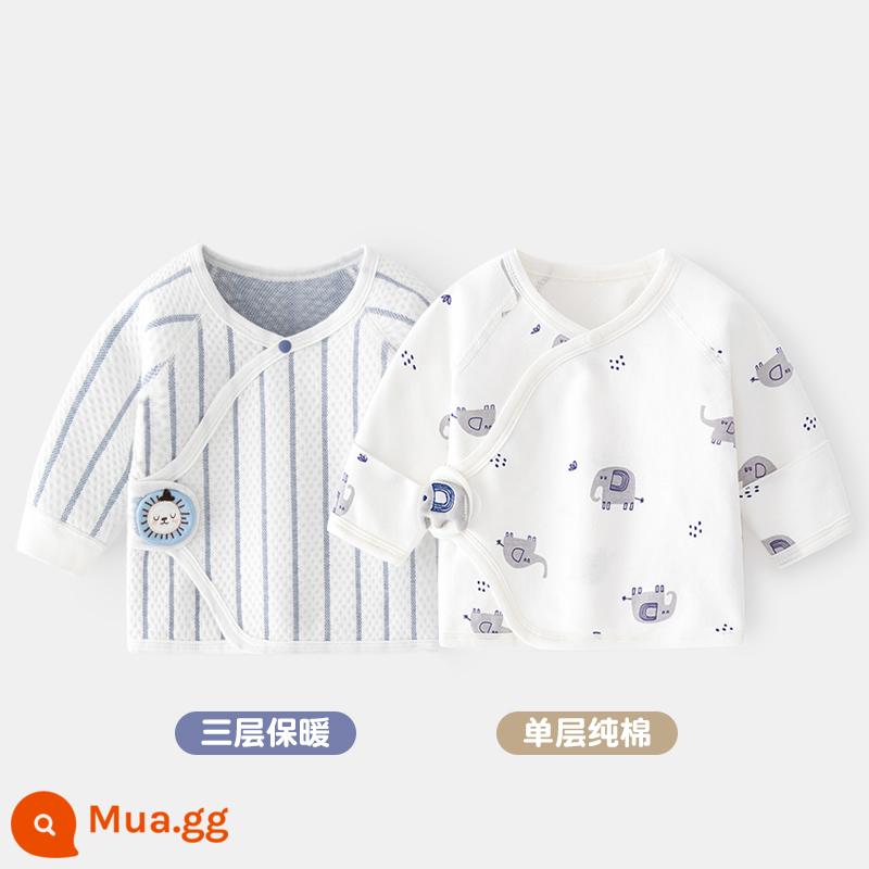 2 quần áo trẻ sơ sinh bé đầu cotton mùa xuân sơ sinh không xương nhà sư quần áo nửa lưng quần áo mùa xuân và mùa thu - Dải rộng xanh + voi tai xanh