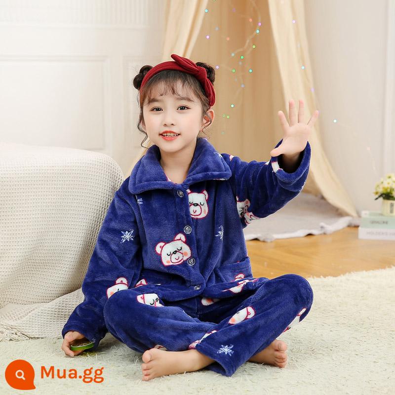 Bộ đồ ngủ lông cừu san hô trẻ em mùa thu đông flannel bé trai và bé gái phục vụ tại nhà phù hợp với bé trung và lớn - Flannel-0015 Cô Gái Gấu Tuyết