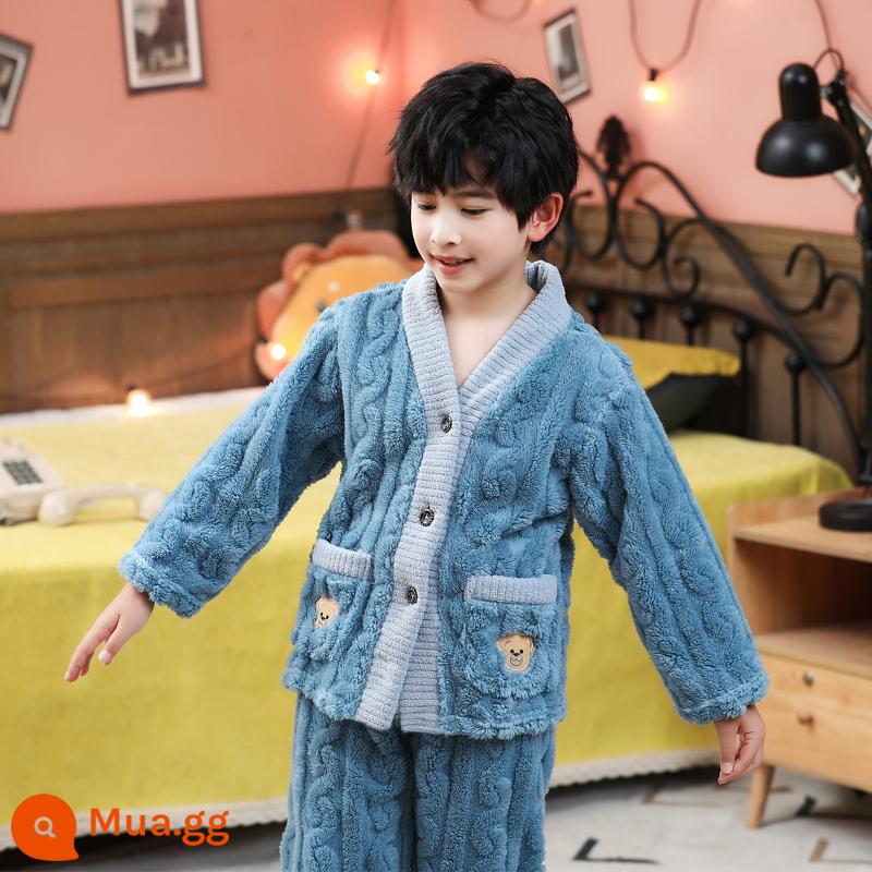 Bộ đồ ngủ lông cừu san hô trẻ em mùa thu đông flannel bé trai và bé gái phục vụ tại nhà phù hợp với bé trung và lớn - FLRBL01 nhung jacquard xanh hải quân dành cho nam