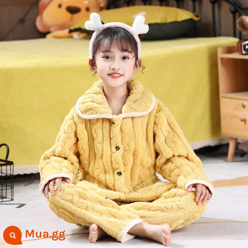 Bộ đồ ngủ lông cừu san hô trẻ em mùa thu đông flannel bé trai và bé gái phục vụ tại nhà phù hợp với bé trung và lớn - FLRBL10 Ve Áo Nữ Màu Vàng