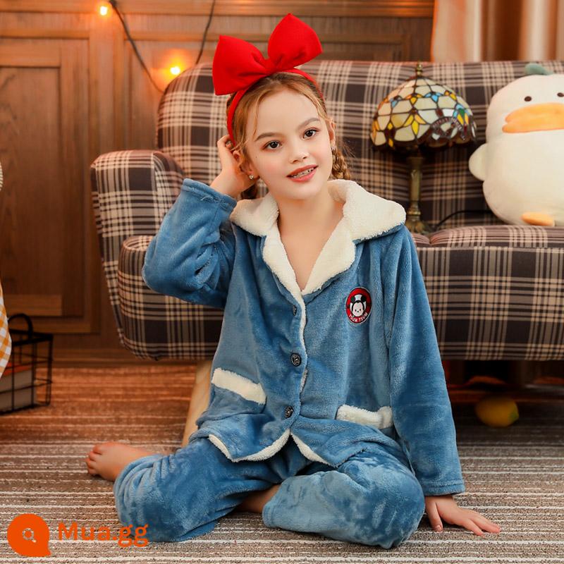 Bộ đồ ngủ lông cừu san hô trẻ em mùa thu đông flannel bé trai và bé gái phục vụ tại nhà phù hợp với bé trung và lớn - Flannel-0047 nữ màu xanh thanh lịch