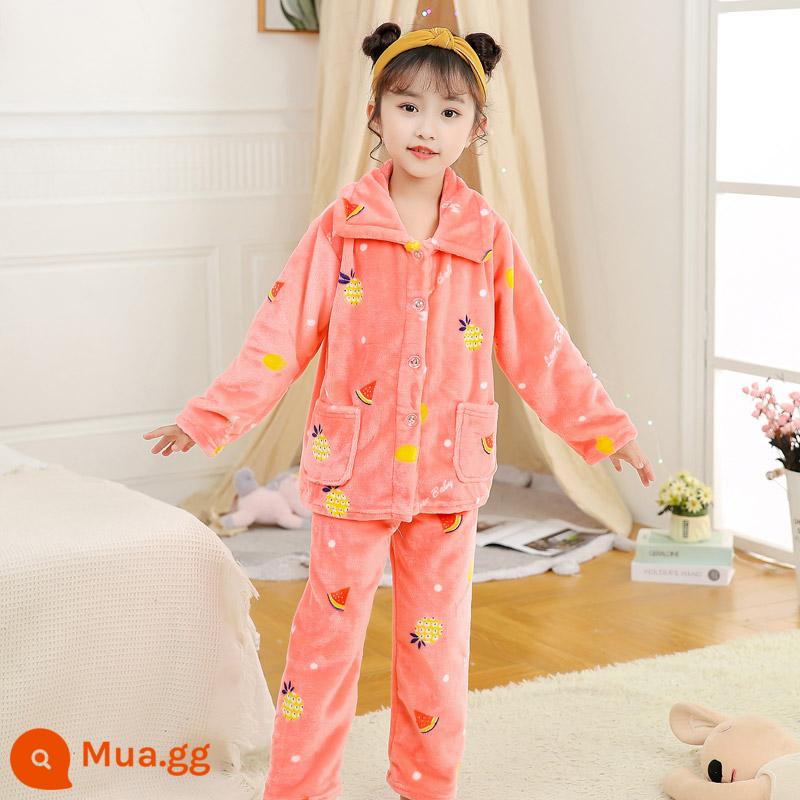 Bộ đồ ngủ lông cừu san hô trẻ em mùa thu đông flannel bé trai và bé gái phục vụ tại nhà phù hợp với bé trung và lớn - Flannel-0040 Trái Cây