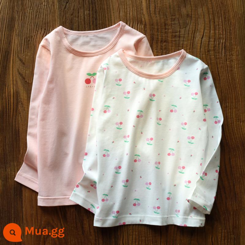 Quần áo mùa thu cho bé gái Loại A Áo phông dài tay bằng vải cotton nguyên chất Áo sơ mi có đáy cho trẻ em lớn hơn Quần áo đáy mùa xuân và mùa thu Áo mùa xuân của bé gái - Bộ cổ tròn màu trắng Cherry