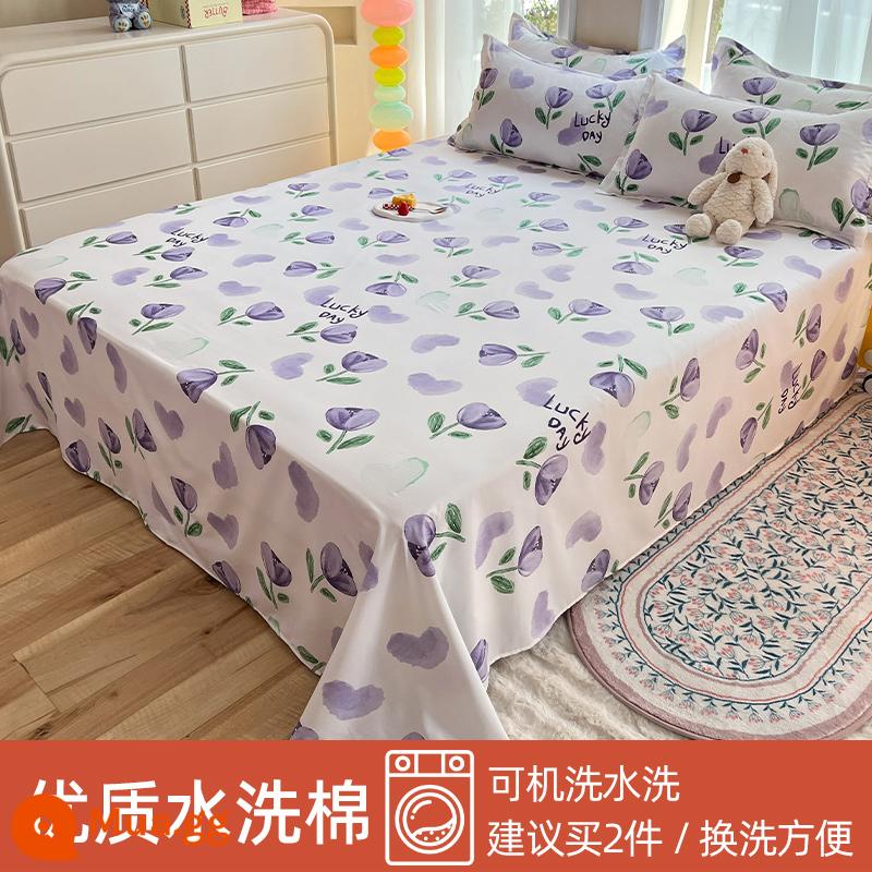 Tấm ga trải giường nhỏ tươi mát đơn mảnh mùa đông ký túc xá trẻ em 1,5m đơn cotton nguyên chất được giặt sạch chải chăn vỏ gối đơn bộ ba món - hoa tulip tím