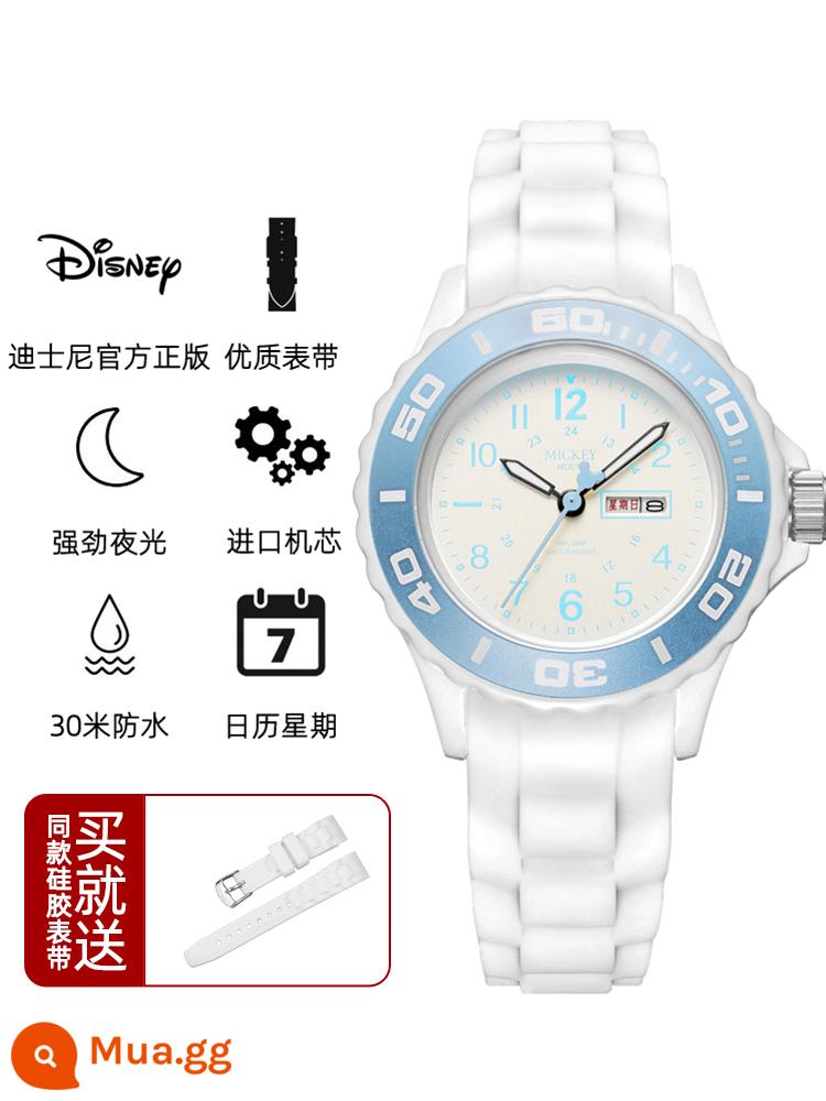 Đồng hồ Disney nữ học sinh cấp 2 2023 học sinh tiểu học mới học sinh cấp 2 đồng hồ điện tử chống nước bé gái - Màu trắng và xanh nữ tính [với dây đeo nguyên bản]