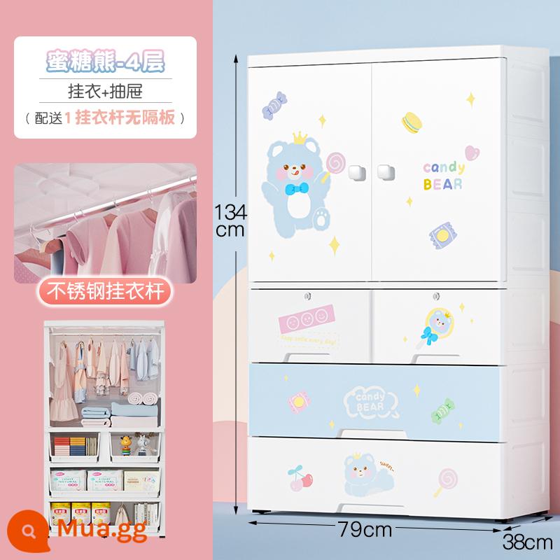 79Cm Cực Lớn Dày Tủ Quần Áo Trẻ Em Hộ Gia Đình Phòng Ngủ Lắp Ráp Nhựa Đơn Giản Tủ Lưu Trữ Loại Ngăn Kéo Tủ Quần Áo Trẻ Em - ❤Cực lớn rộng 79cm❤Candy Bear 4 lớp: treo quần áo + 3 ngăn kéo