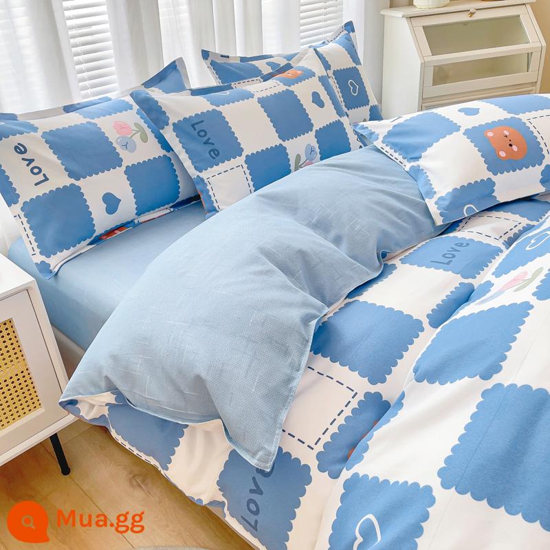 Bộ bốn món bằng cotton 100 tấm trải giường bằng vải cotton nguyên chất Bộ ba món sinh viên ký túc xá bốn mùa bốn mùa chăn ga gối đệm đơn giản thân thiện với da 3 - Gấu bé MSY