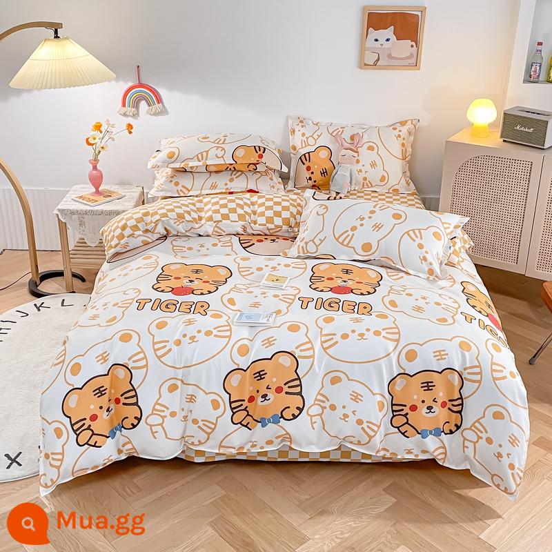 Bộ bốn món bằng cotton 100 tấm trải giường bằng vải cotton nguyên chất Bộ ba món sinh viên ký túc xá bốn mùa bốn mùa chăn ga gối đệm đơn giản thân thiện với da 3 - Chú hổ vui vẻ MSY