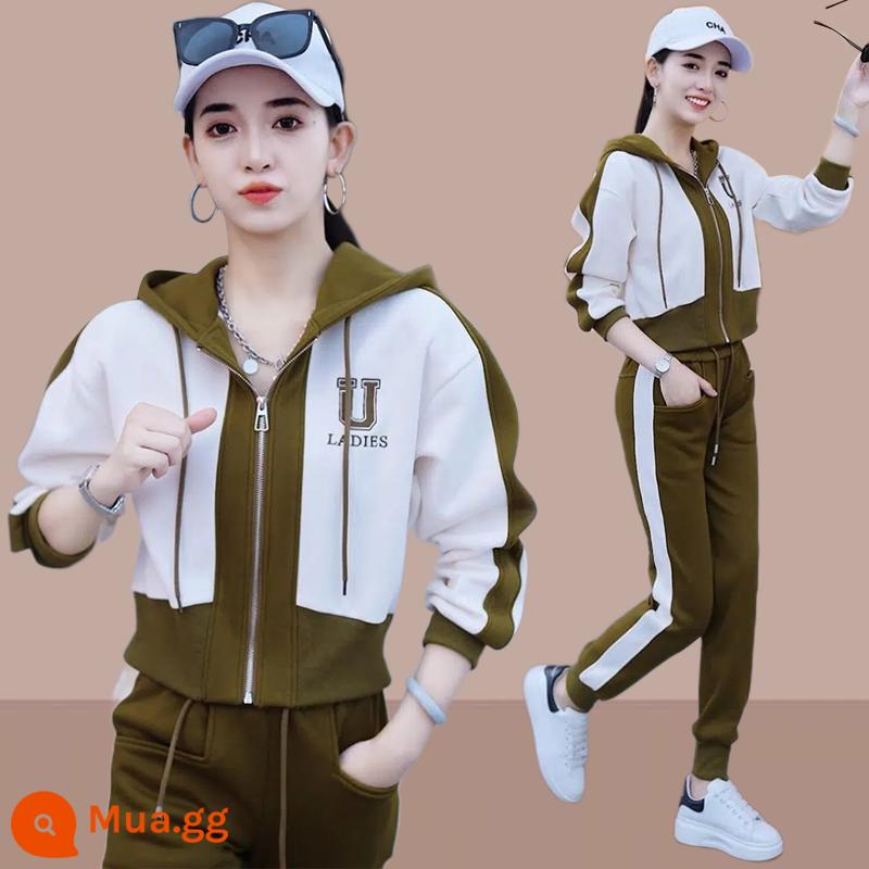 Cotton nguyên chất cộng với nhung dày dặn Bộ đồ thể thao thông thường phù hợp với quần áo nữ mùa thu đông 2022 bộ đồ hai mảnh rộng rãi phù hợp với tất cả các trận đấu - Bộ đồ màu xanh mù tạt [Phong cách xuân thu]