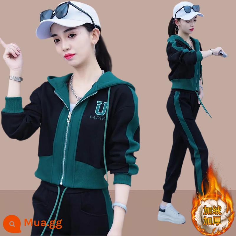 Cotton nguyên chất cộng với nhung dày dặn Bộ đồ thể thao thông thường phù hợp với quần áo nữ mùa thu đông 2022 bộ đồ hai mảnh rộng rãi phù hợp với tất cả các trận đấu - Bộ đồ đen [kiểu nhung dày]