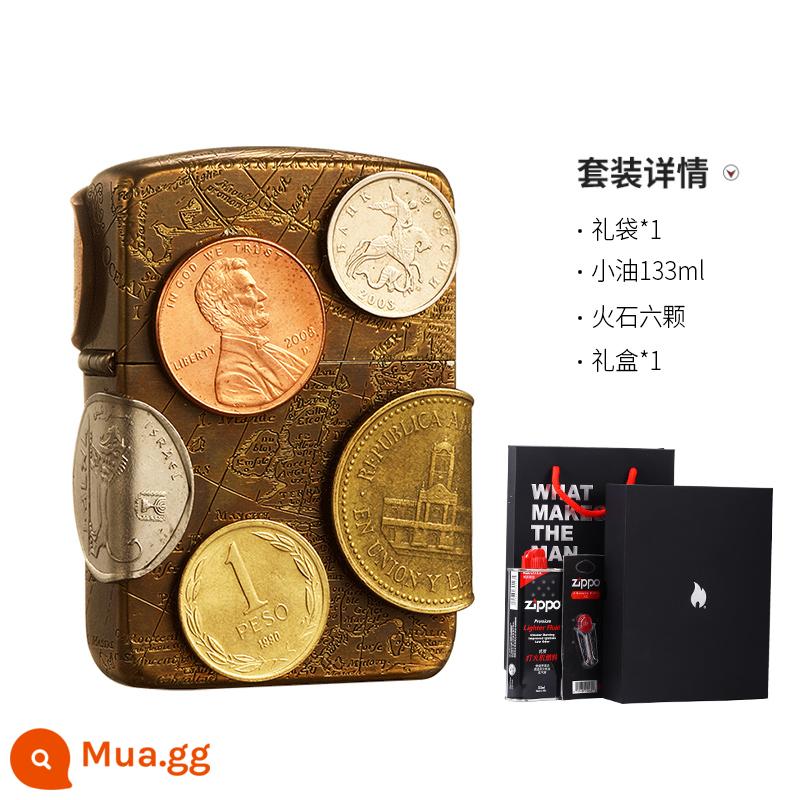 Bật lửa Zippo chính thức ban đầu chính hãng 1941 khắc lại đồng xu miếng dán tem bộ sưu tập kho báu thế giới dầu hỏa chống gió - Thế giới kho báu [Bộ hộp quà tặng doanh nghiệp]