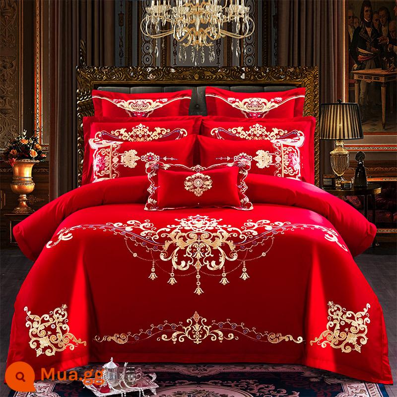 Nanjiren Cotton Wedding Four-piece Group Mới Kết Hôn Cotton Nguyên Chất 100 Ga Trải Giường Vỏ Chăn Lớn Màu Đỏ Phòng Cưới Chăn Ga Gối 4 - Hoa đỏ nhảy múa