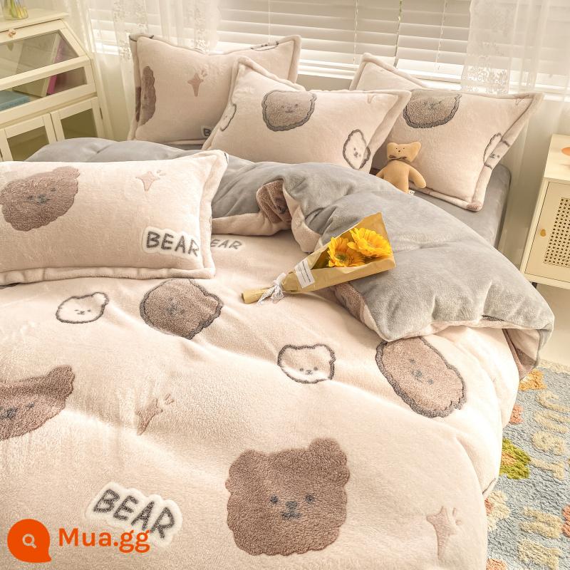 Phim hoạt hình Coral Velvet Bed Sản phẩm bốn tấm mùa đông là bộ của FRANNITE Velvet Warm Sữa Velvet Mùa thu và giường mùa đông - Western Bear H [3S làm nóng nhanh, thân thiện với làn da, không tĩnh điện khi ngủ khỏa thân]