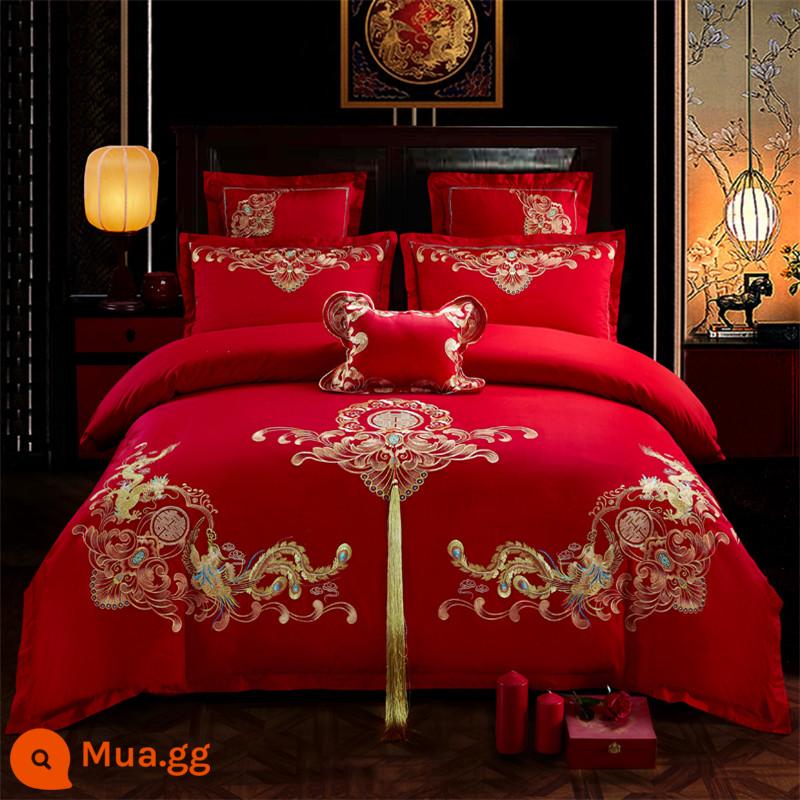 Nanjiren Cotton Wedding Four-piece Group Mới Kết Hôn Cotton Nguyên Chất 100 Ga Trải Giường Vỏ Chăn Lớn Màu Đỏ Phòng Cưới Chăn Ga Gối 4 - Rồng và phượng tốt lành