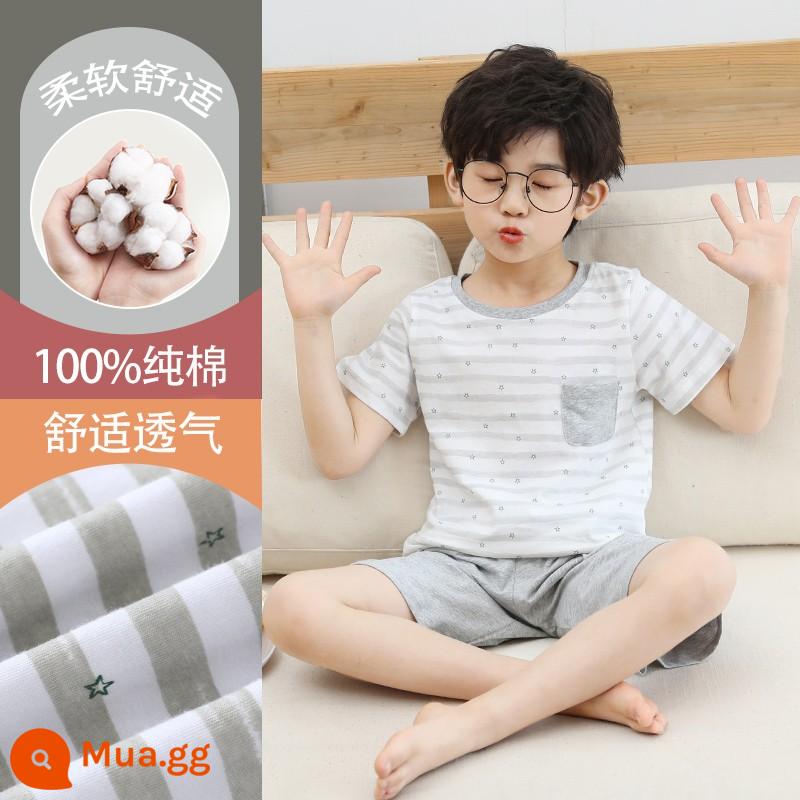 Bộ đồ ngủ trẻ em cotton nguyên chất phong cách mùa hè 2023 cậu bé mới lớn cậu bé mỏng phần mùa hè quần áo điều hòa không khí phù hợp với dịch vụ gia đình - DNY201 xám #2K