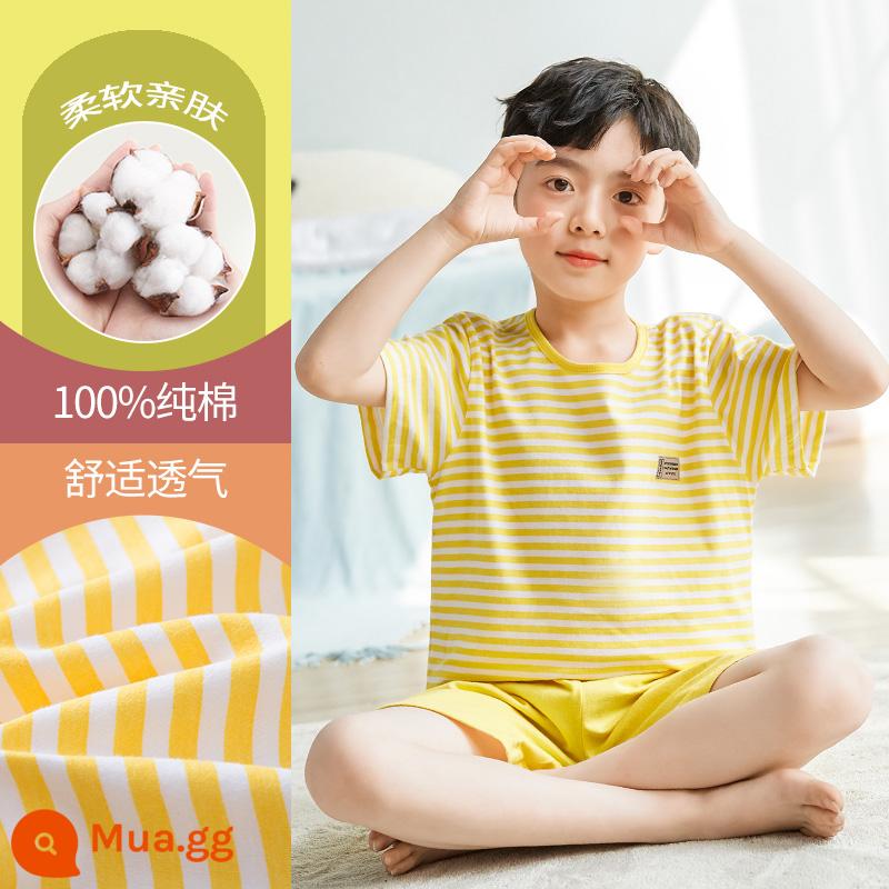 Bộ đồ ngủ trẻ em cotton nguyên chất phong cách mùa hè 2023 cậu bé mới lớn cậu bé mỏng phần mùa hè quần áo điều hòa không khí phù hợp với dịch vụ gia đình - DNY039 sọc vàng #2K