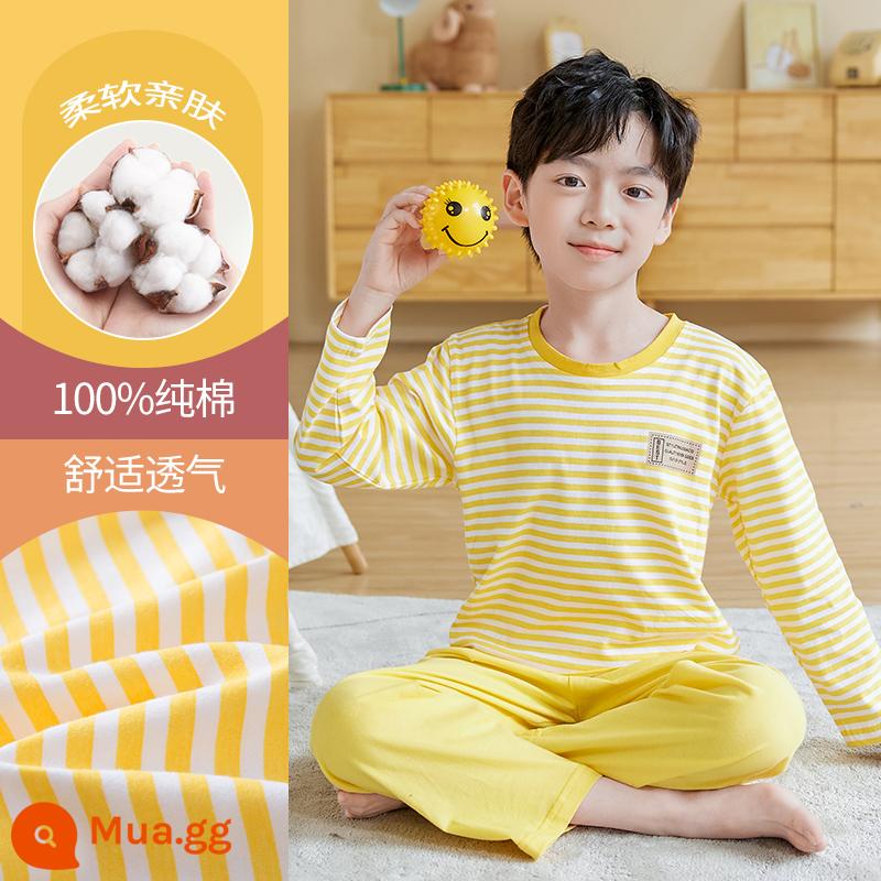 Bộ đồ ngủ trẻ em cotton nguyên chất phong cách mùa hè 2023 cậu bé mới lớn cậu bé mỏng phần mùa hè quần áo điều hòa không khí phù hợp với dịch vụ gia đình - DNY231 sọc vàng #2K (mẫu dài tay)