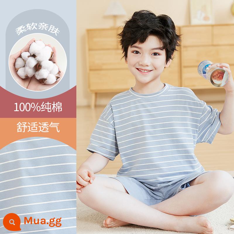 Bộ đồ ngủ trẻ em cotton nguyên chất phong cách mùa hè 2023 cậu bé mới lớn cậu bé mỏng phần mùa hè quần áo điều hòa không khí phù hợp với dịch vụ gia đình - DNY595 xanh #2K