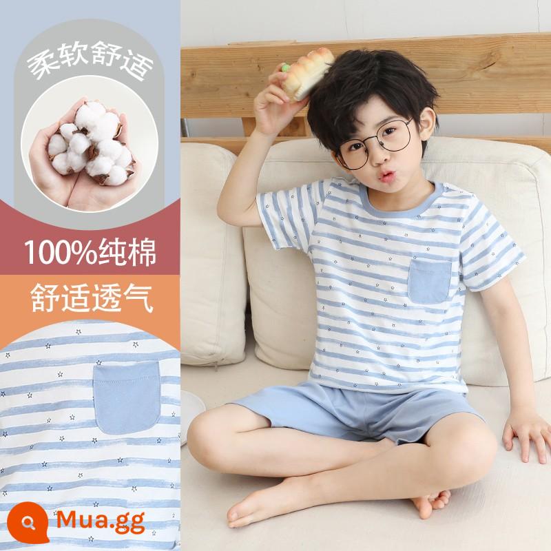 Bộ đồ ngủ trẻ em cotton nguyên chất phong cách mùa hè 2023 cậu bé mới lớn cậu bé mỏng phần mùa hè quần áo điều hòa không khí phù hợp với dịch vụ gia đình - DNY201 xanh #2K