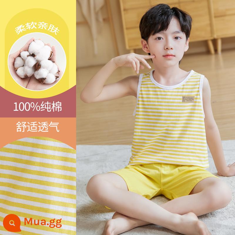 Bộ đồ ngủ trẻ em cotton nguyên chất phong cách mùa hè 2023 cậu bé mới lớn cậu bé mỏng phần mùa hè quần áo điều hòa không khí phù hợp với dịch vụ gia đình - DNY206 sọc vàng #2K (vỏ vest)