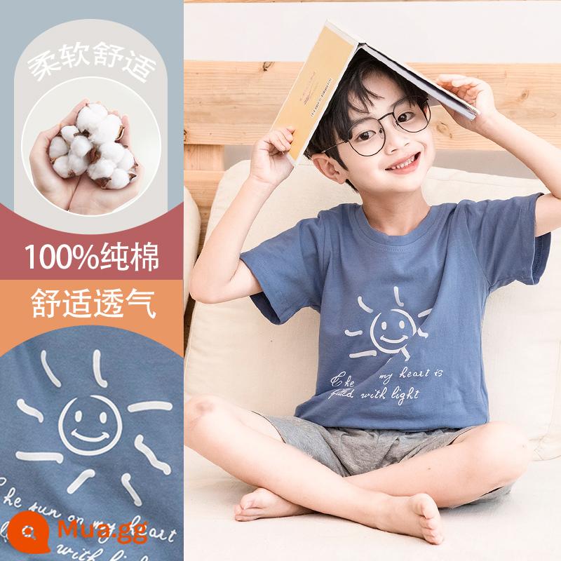 Bộ đồ ngủ trẻ em cotton nguyên chất phong cách mùa hè 2023 cậu bé mới lớn cậu bé mỏng phần mùa hè quần áo điều hòa không khí phù hợp với dịch vụ gia đình - DNY039 xanh #2K