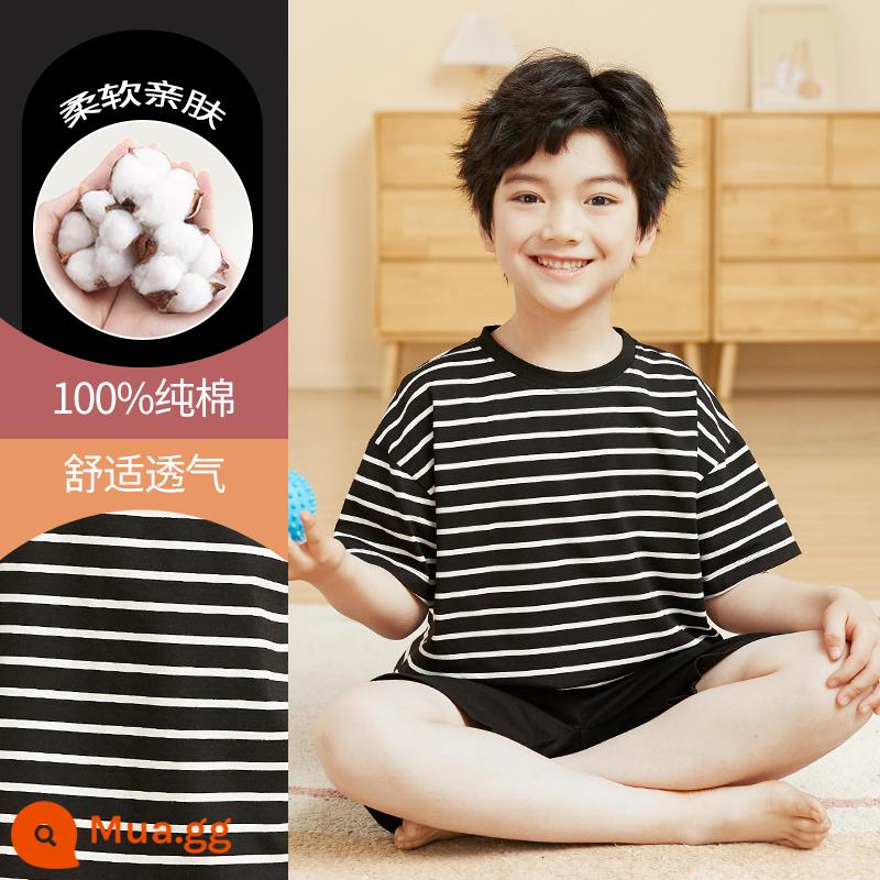 Bộ đồ ngủ trẻ em cotton nguyên chất phong cách mùa hè 2023 cậu bé mới lớn cậu bé mỏng phần mùa hè quần áo điều hòa không khí phù hợp với dịch vụ gia đình - DNY595 đen #2K