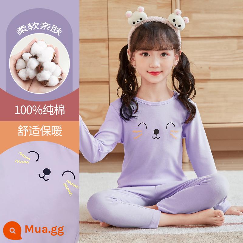 Quần áo thu đông bé gái quần vệ sinh cotton trẻ em giữ nhiệt bộ đồ lót cotton nguyên chất cho trẻ lớn cộng với lông cừu quần áo giữ nhiệt áo len cotton đồ ngủ - D688 Tím Cát #5N (Loại A 100% cotton)