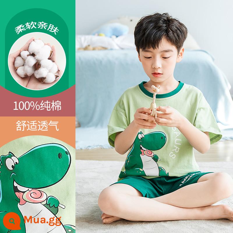 Bộ đồ ngủ trẻ em cotton nguyên chất phong cách mùa hè 2023 cậu bé mới lớn cậu bé mỏng phần mùa hè quần áo điều hòa không khí phù hợp với dịch vụ gia đình - DNY332 Khủng Long Xanh #2K