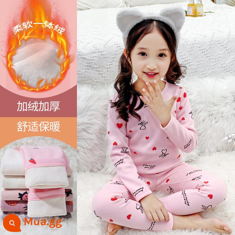 Quần áo thu đông bé gái quần vệ sinh cotton trẻ em giữ nhiệt bộ đồ lót cotton nguyên chất cho trẻ lớn cộng với lông cừu quần áo giữ nhiệt áo len cotton đồ ngủ - D676 love hồng #6N (vải nhung tất cả trong một siêu mềm)