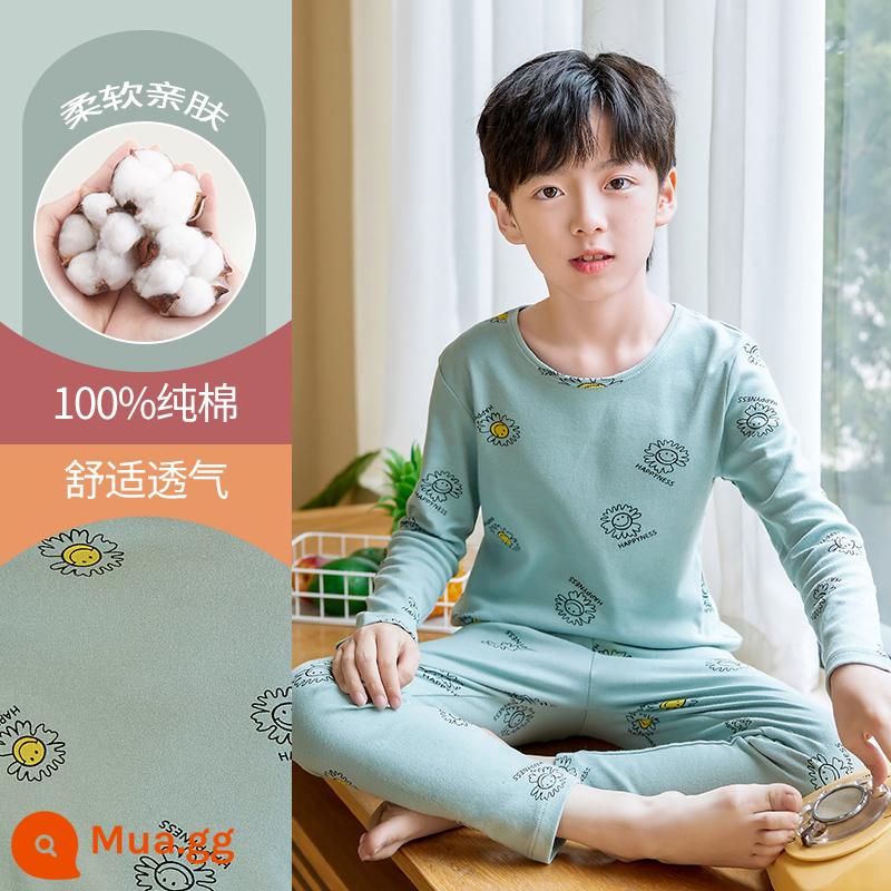 Quần áo mùa thu và quần vệ sinh cho bé trai Bộ quần áo lót mùa thu đông cho trẻ em lớn áo len cotton nguyên chất cho trẻ em Bộ đồ ngủ bằng cotton nguyên chất cho bé trai - DNY352 Đậu Xanh Nắng#5N