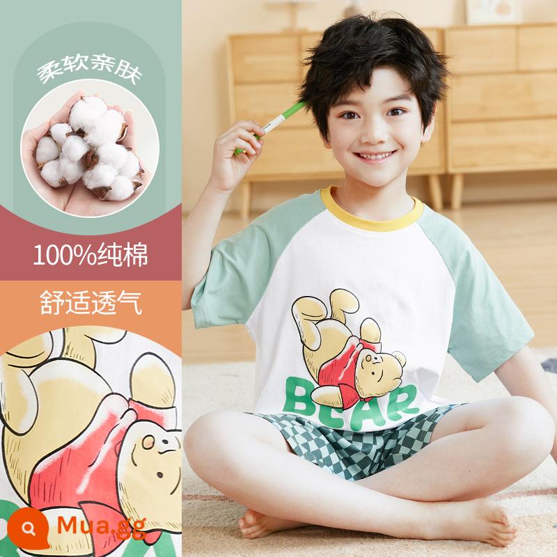 Bộ đồ ngủ trẻ em cotton nguyên chất phong cách mùa hè 2023 cậu bé mới lớn cậu bé mỏng phần mùa hè quần áo điều hòa không khí phù hợp với dịch vụ gia đình - DNY573 Đậu Xanh#2K