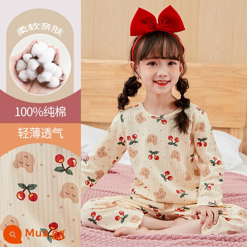 Bộ đồ ngủ trẻ em bé gái mùa thu đông 2023 mới trung và lớn cotton nguyên chất dài tay cho bé gái mặc ở nhà quần áo mùa thu quần vệ sinh - DNY253 màu be #2K