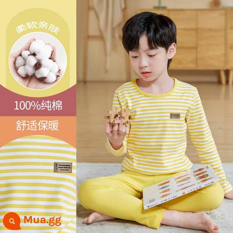 Quần áo mùa thu bé trai, quần vệ sinh, bộ đồ lót giữ nhiệt trẻ em, đồ ngủ cotton nguyên chất, quần áo giữ nhiệt, áo len cotton trẻ em và thanh thiếu niên lớn hơn - DNY355 Sọc Vàng #5N (Cổ Tròn - Loại A)